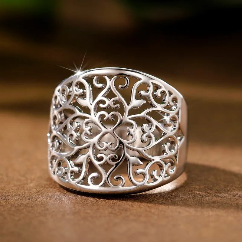 Huitan Wide Hollow Flower Ring – Vintage Carved Brass Women's Ring Fashion Ring Axl F1617 10