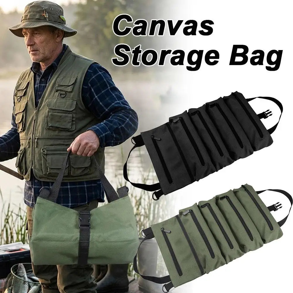 Roll-Up Canvas Fishing Tool Bag – 6 Zip Pockets Organizer Fishing Tackle Bag Axl