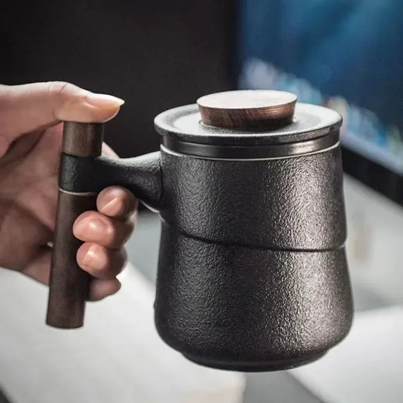 Black Ceramic Tea Mug – Wooden Handle, Filter & Gift Box Ceramic Tea Mug Axl 301-400ml Black
