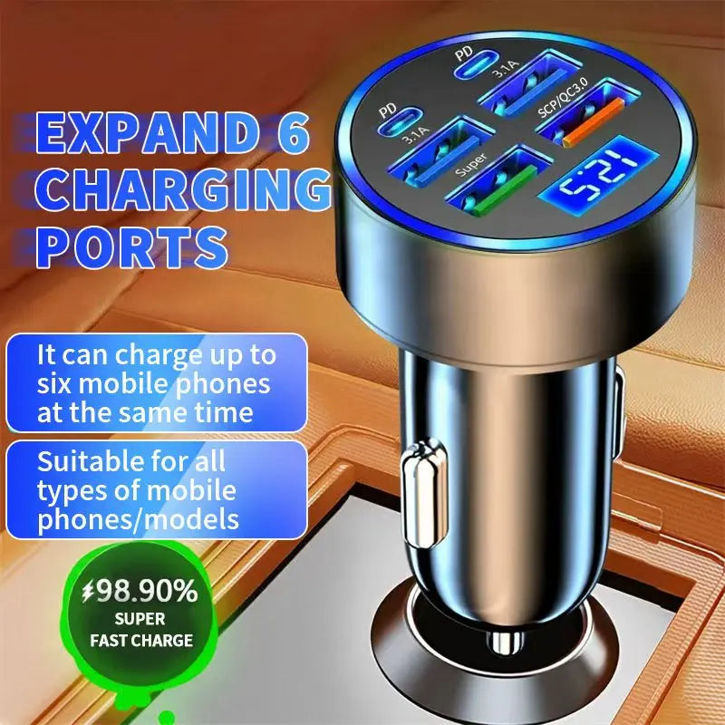 100W 6-Port USB-C Car Charger | PD & QC 3.0 Fast Charging Car Charger Axl