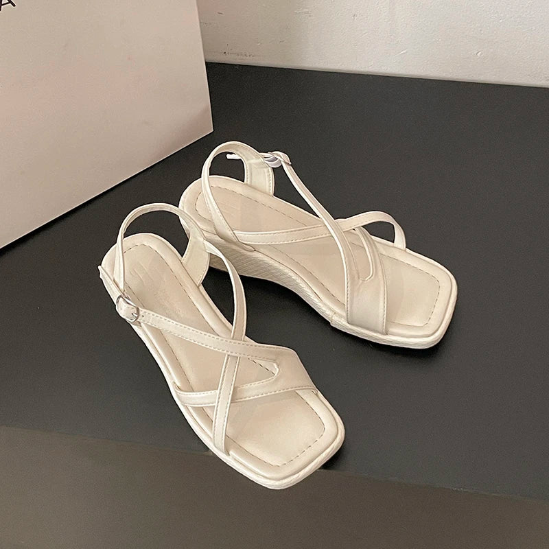 Women's Platform Wedge Sandals – Cross & Ankle Strap Summer Platform Wedge Sandals Axl Beige 38