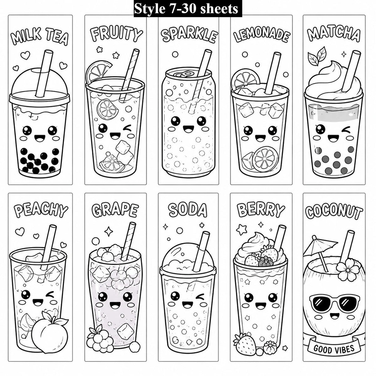 30-Pc Kawaii Summer Beverage DIY Coloring Bookmarks Set DIY Coloring Bookmarks Axl Style 8-30 sheets