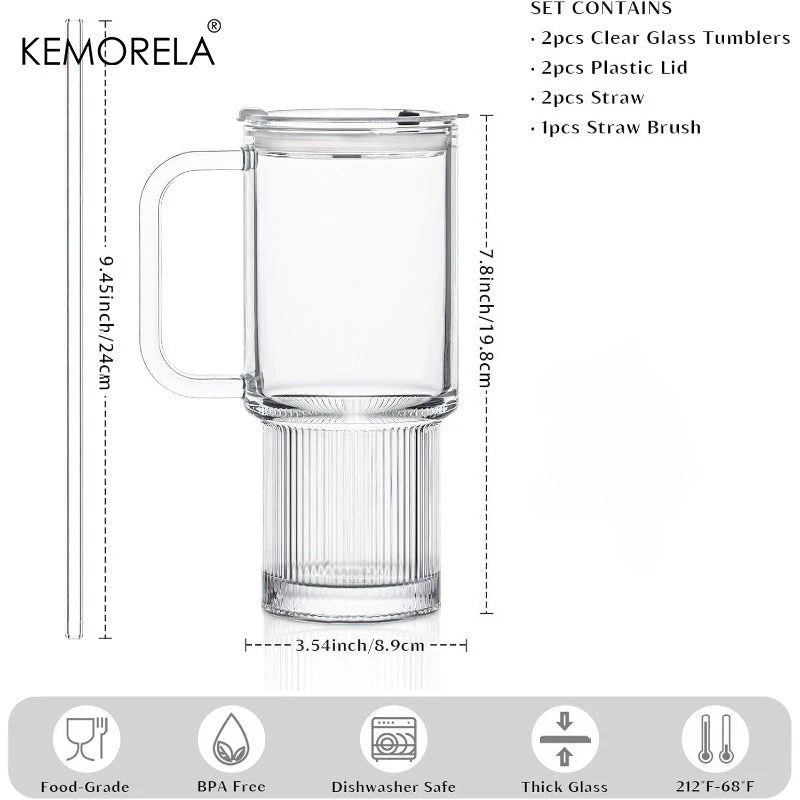 KEMORELA 750ml Glass Tumbler with Handle, Lid & Straw Glass Tumbler Axl
