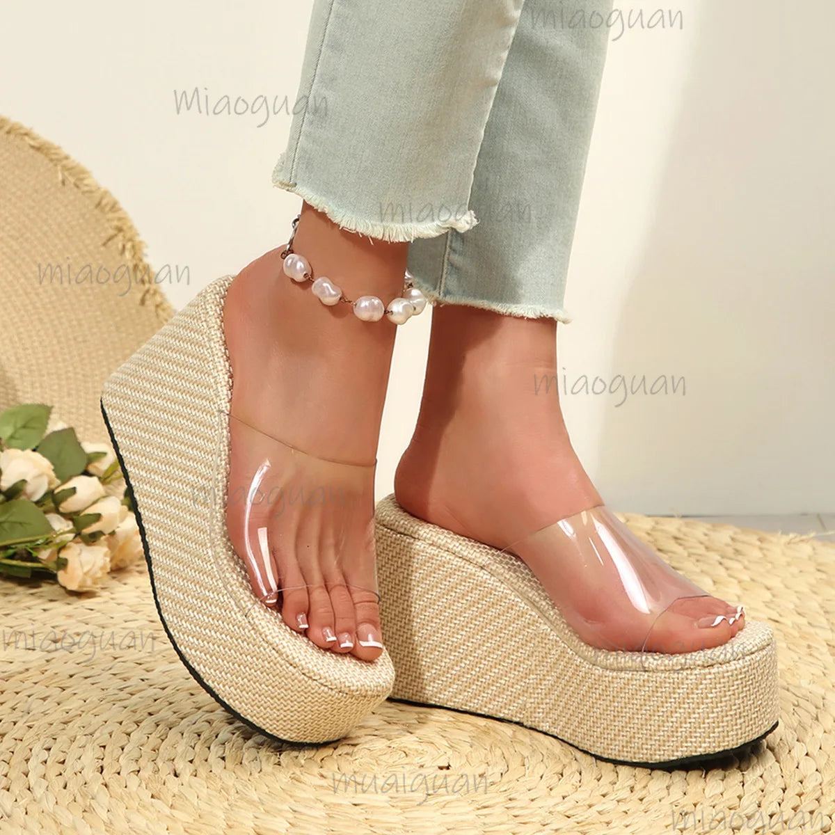 Women's Wedge Platform Sandals | PVC Transparent Strap & Hemp Rope Wedge Platform Sandals Axl
