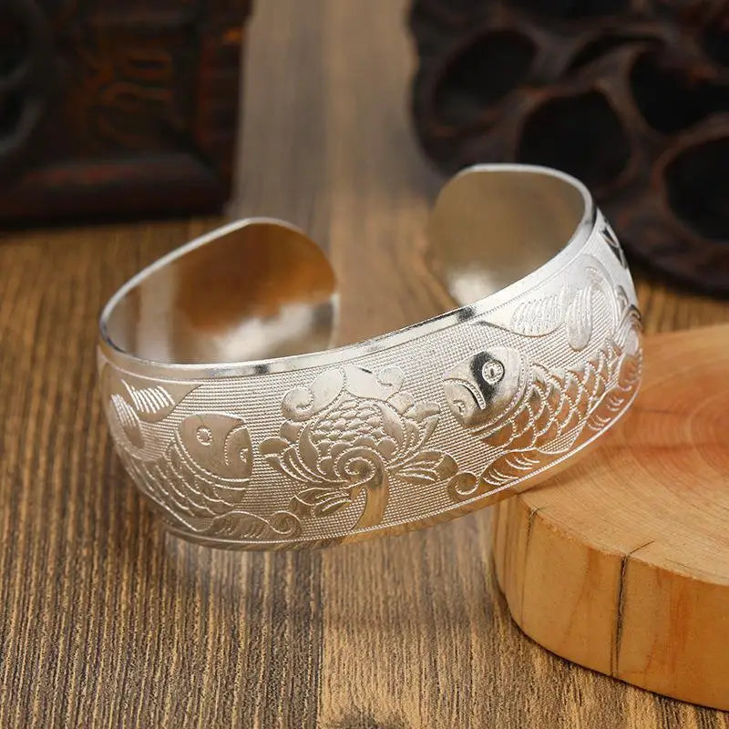 Bohemian Silver Wide Cuff Bracelet – Carved Flower Boho Jewelry Cuff Bracelet Axl