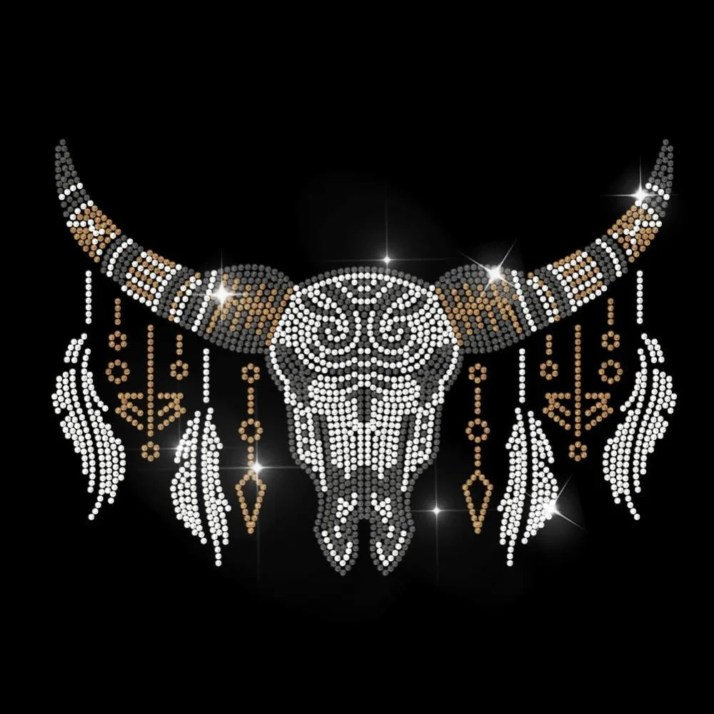 Rhinestone Iron-On Patch – Bohemian Cow Skull Appliqué 29.7x21cm Iron-On Rhinestone Patch Axl AECH04-17709