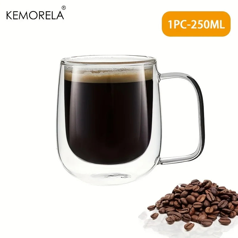 KEMORELA Double Wall Clear Glass Coffee Cup with Handle | 1-2 Pack Glass Coffee Mug Axl 1PCS 250ML 250-380ml