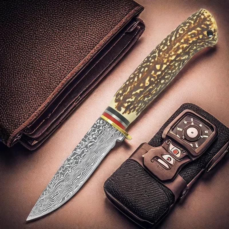 FL FLYWOD Fixed Blade Knife – Damascus Bone Handle D3 Steel Fixed Blade Knife Axl
