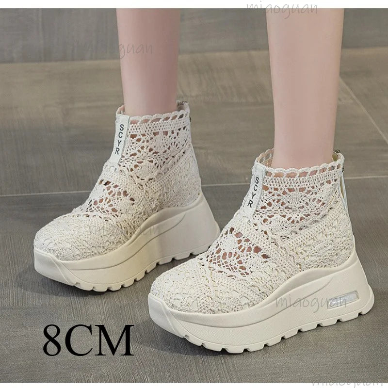 Women's Mesh Wedge Ankle Boots – 8CM Zip Summer Booties Wedge Ankle Boots Axl