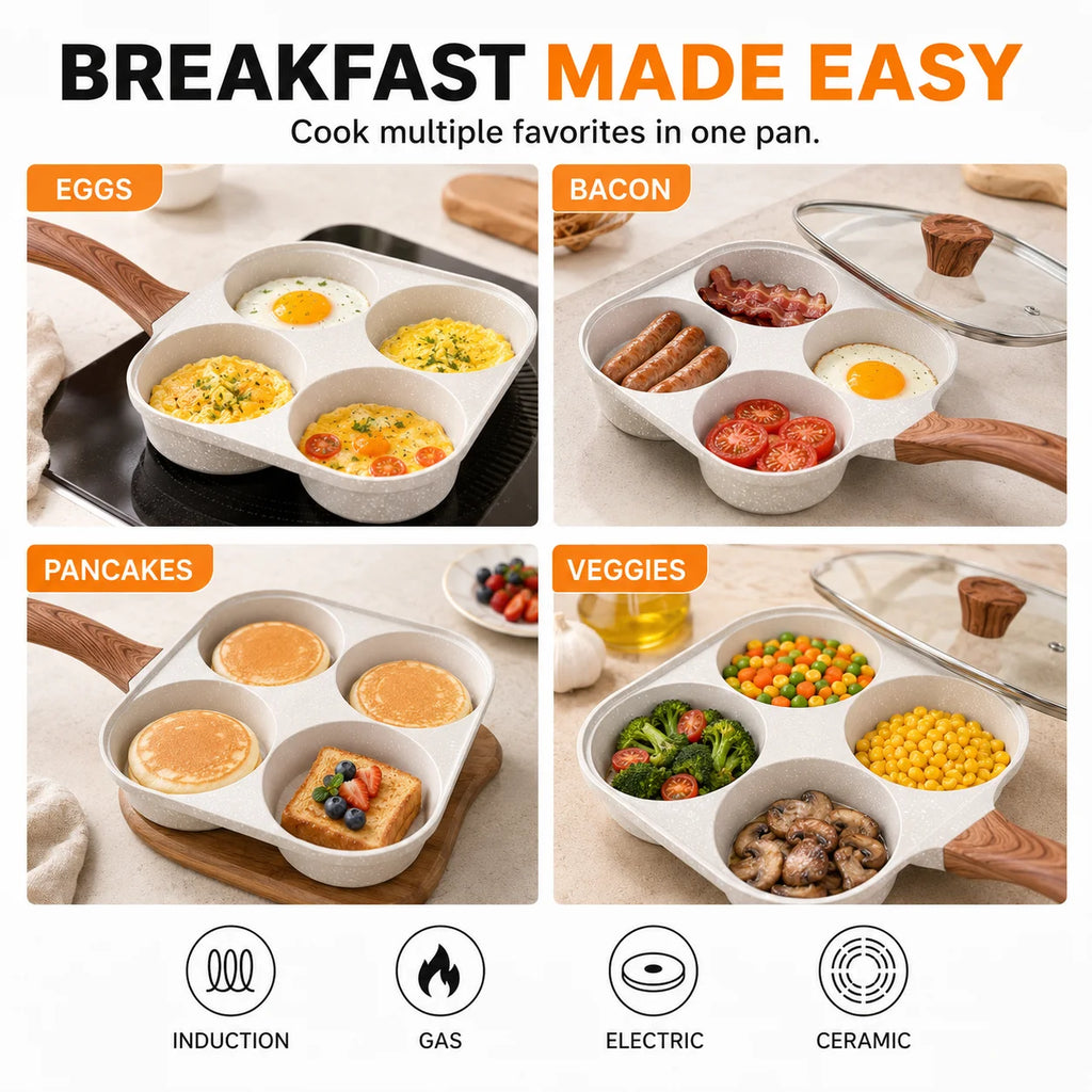 4-Section Nonstick Egg Frying Pan with Glass Lid – All Stoves Divided Omelet Pan Axl