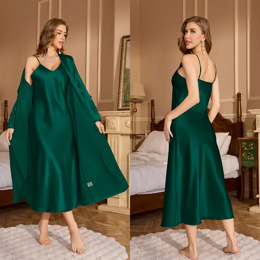 Women's 2-Piece Kimono Robe & Halter Nightgown Set Kimono Robe Set Axl green S