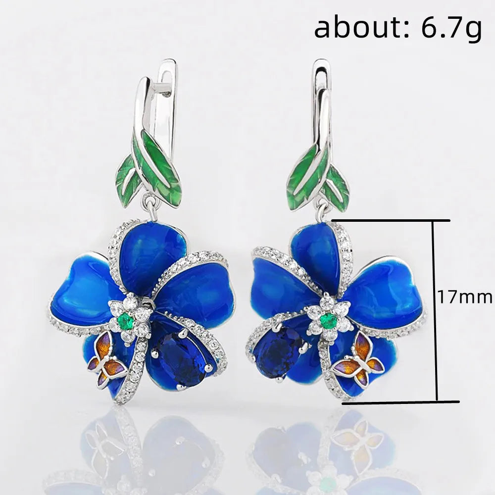 Huitan Blue Flower CZ Drop Earrings – Bridal Wedding Jewelry Drop Earrings Axl