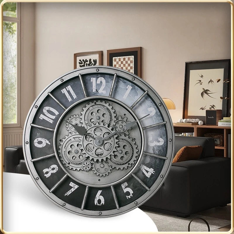 Retro Industrial Gear Wall Clock – Large Silent Décor 45.5cm Decorative Wall Clock Axl Sliver