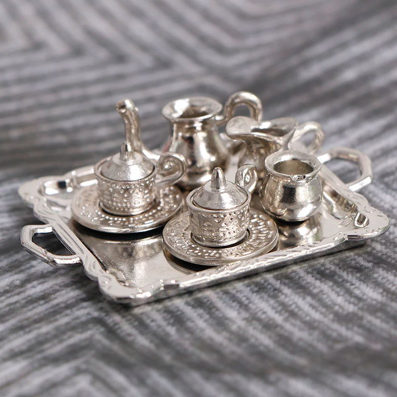 10pc 1/12 Dollhouse Miniature Silver Metal Tea Coffee Set Dollhouse Miniature Set Axl