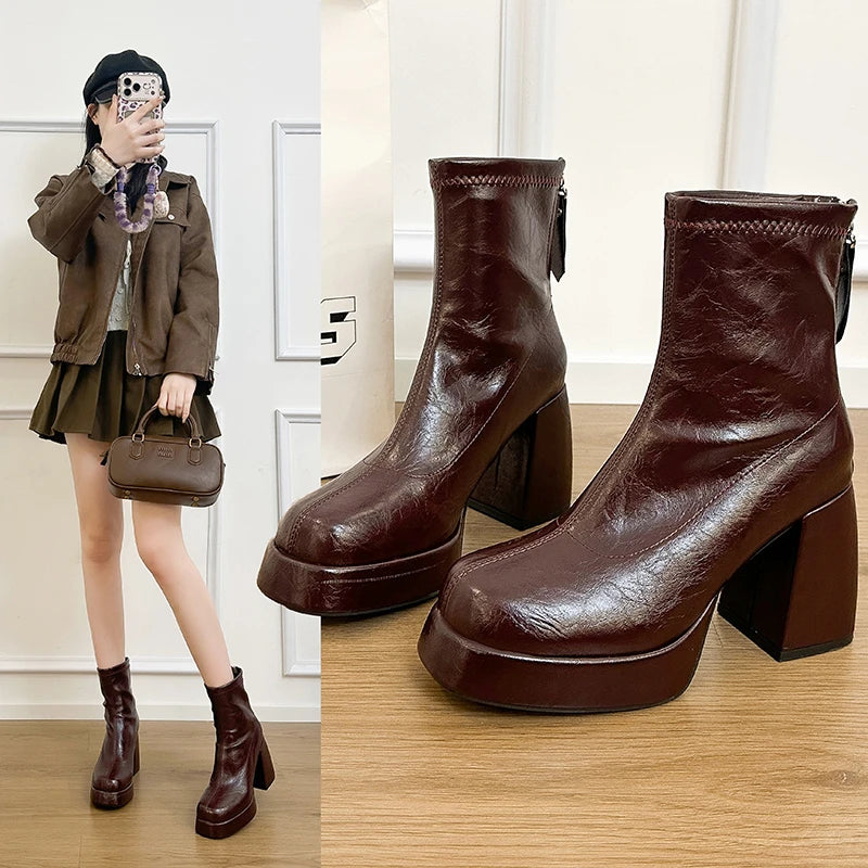 Women's Block Heel Ankle Boots | Square Toe Zip-Up Fashion Boots Women's Ankle Boots Axl