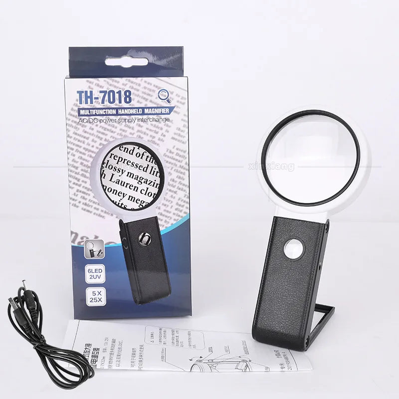 6X 25X Folding Magnifier with 8 LED Lights | Jewelry & Currency LED Folding Magnifier Axl