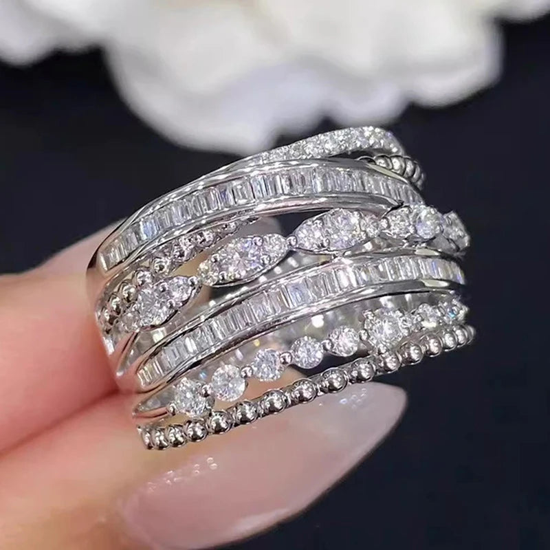 Huitan Wide Cocktail Ring – Multi-Layer CZ Pave Women's Ring Cocktail Ring Axl T0809 10