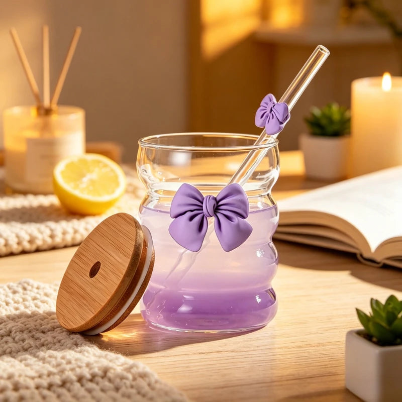 KEMORELA 300ml Butterfly Glass Cup with Lid & Straw Glass Drinkware Cup Axl Purple 300ML