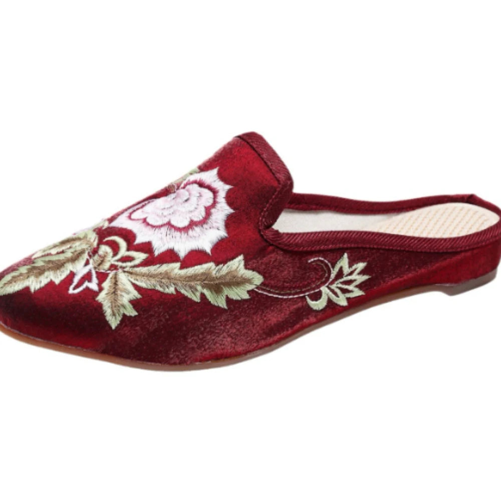 Velvet Embroidery Flower Women's Pointed Toe Flat Slippers Women's Flat Slippers Axl