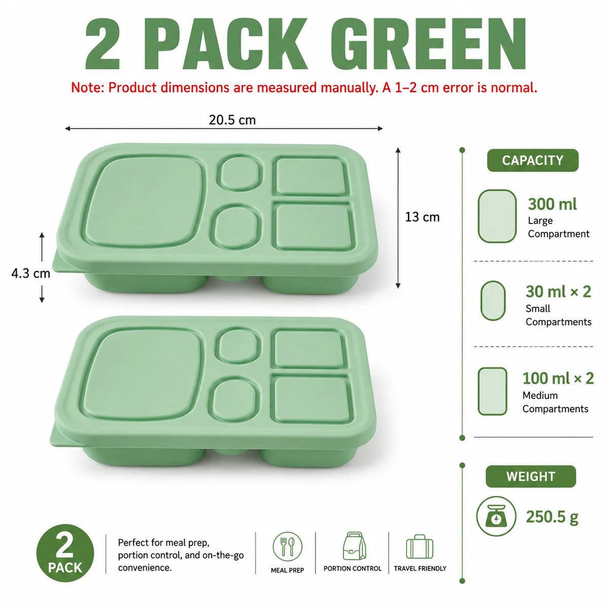 Silicone Bento Lunch Box – 5-Compartment Food Container Bento Lunch Box Axl 2 PACK Green