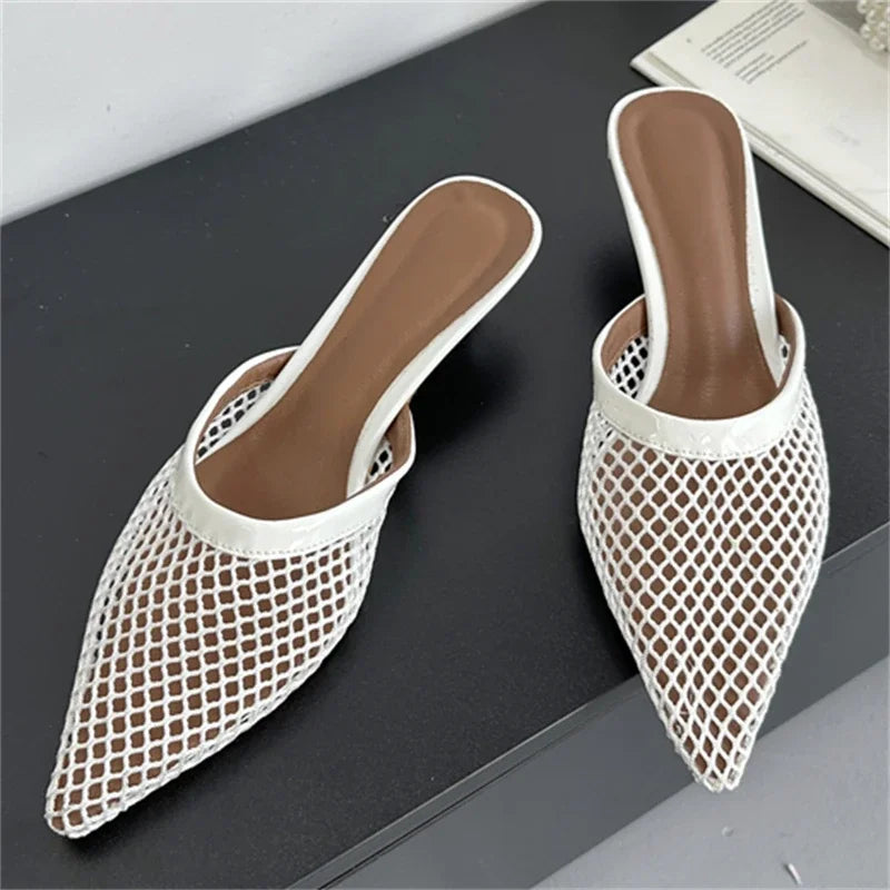 Women's Mesh Mule Sandals – Pointed Toe Low Heel Slingback Mule Sandals Axl White 36
