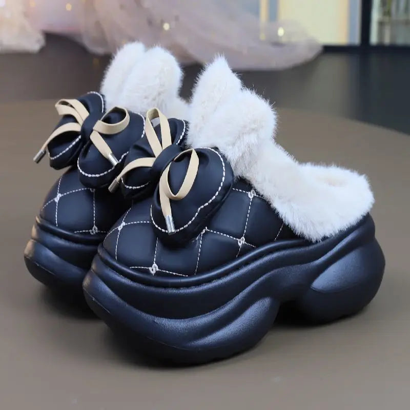 Lorilury Women's Fluffy High Heel Slippers – Bow-Tie Plush Indoor Plush Indoor Slippers Axl Black slipper 40-41