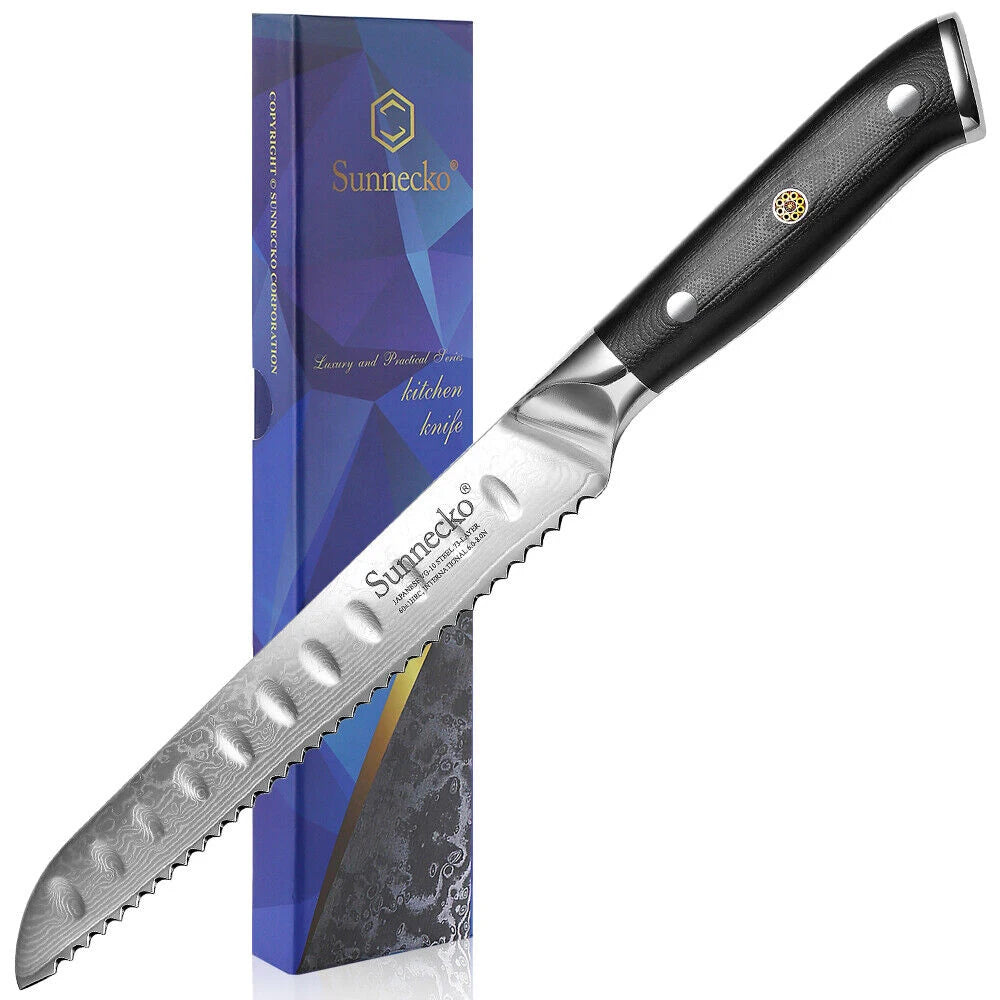 Sunnecko 8" Damascus Steel Serrated Bread Knife – VG10 Core Serrated Bread Knife Axl