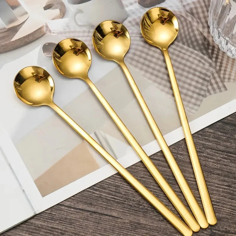 4-Piece Golden Long Handle Stainless Steel Coffee & Tea Spoons Kitchen Spoon Set Axl 4PCS