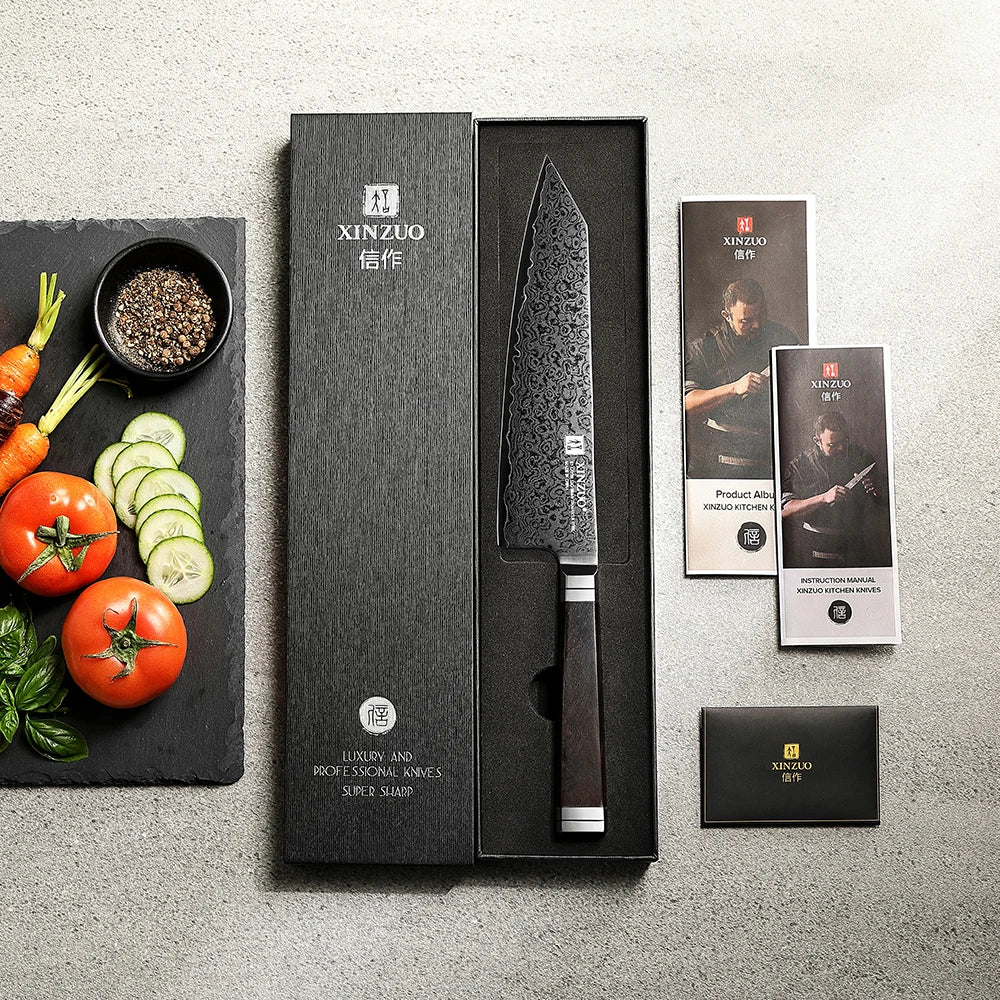 XINZUO 8.3" Damascus Steel Bunka Chef Knife | Ebony Handle Damascus Chef Knife Axl