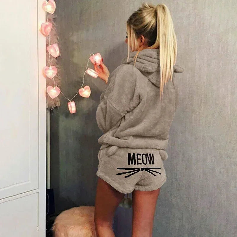 Women's Coral Velvet Hoodie Pajama Set – Cute Cat Print Pajama Set Axl 6 khaki S