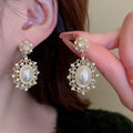 Huitan Gold Pearl Dangle Earrings – Bridal Wedding Jewelry Pearl Dangle Earrings Axl E2966
