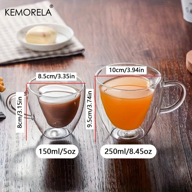 KEMORELA 4PCS Heart Double Wall Borosilicate Glass Mugs Glass Mug Set Axl