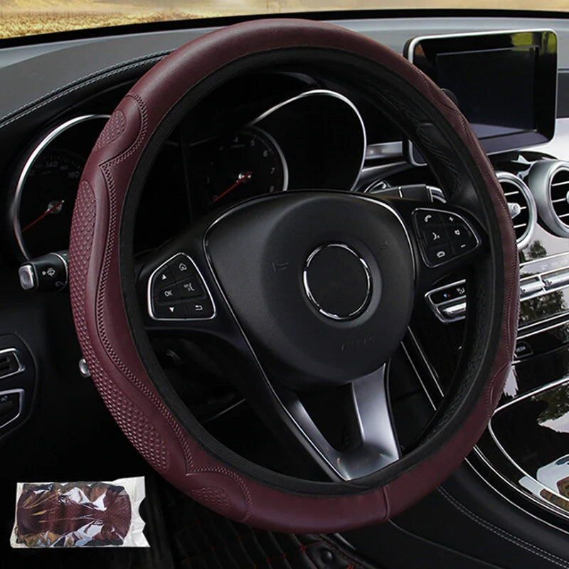 Universal Leather Steering Wheel Cover – Anti-Slip 38cm Steering Wheel Cover Axl Wine red