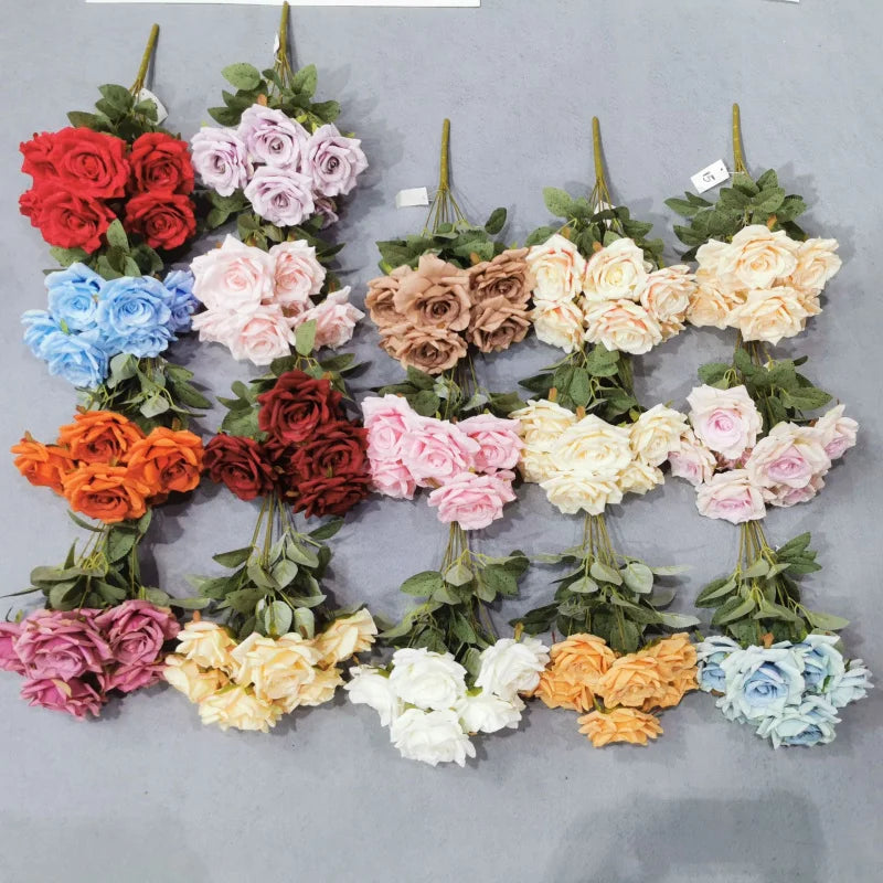 7-Head Silk Rose Bouquet with Leaves – Artificial Flowers 44cm Artificial Flower Bouquet Axl