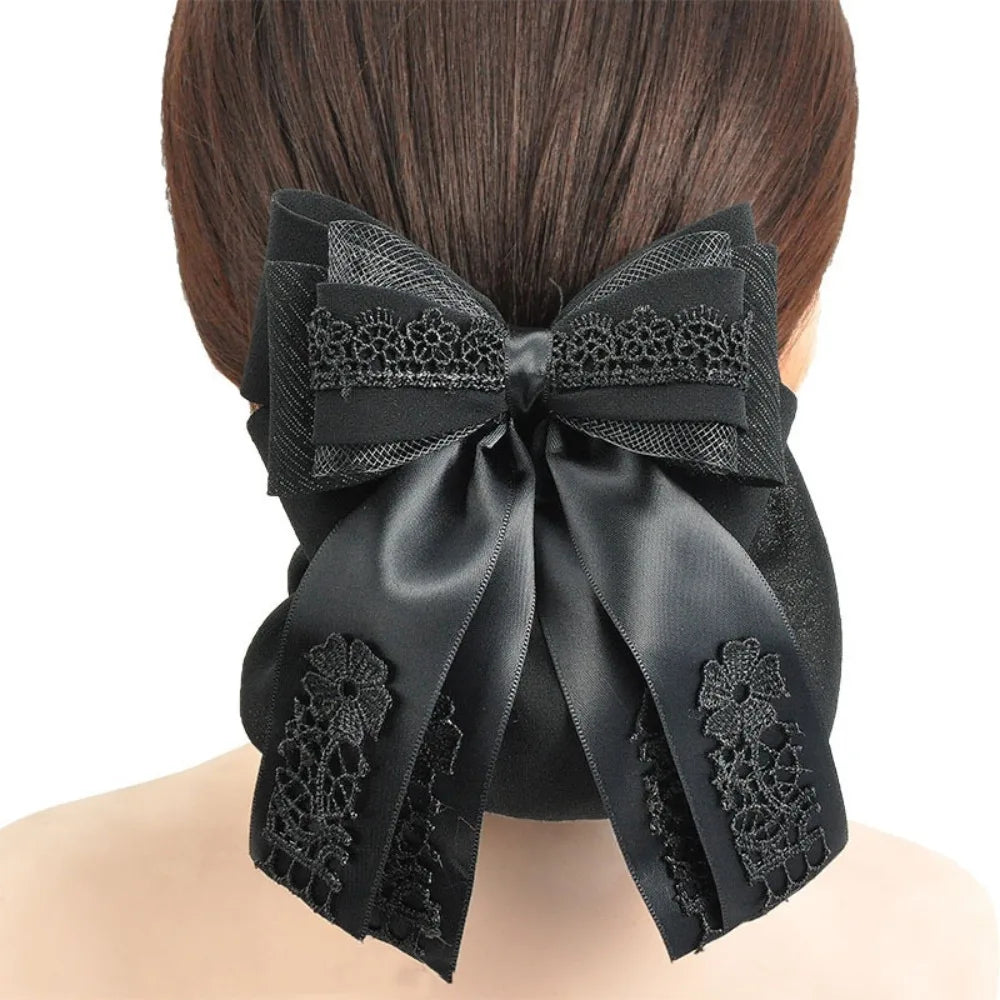 Women's Hair Bun Net with Bowknot – Elegant Elastic Headwear Hair Bun Net Axl Black--C