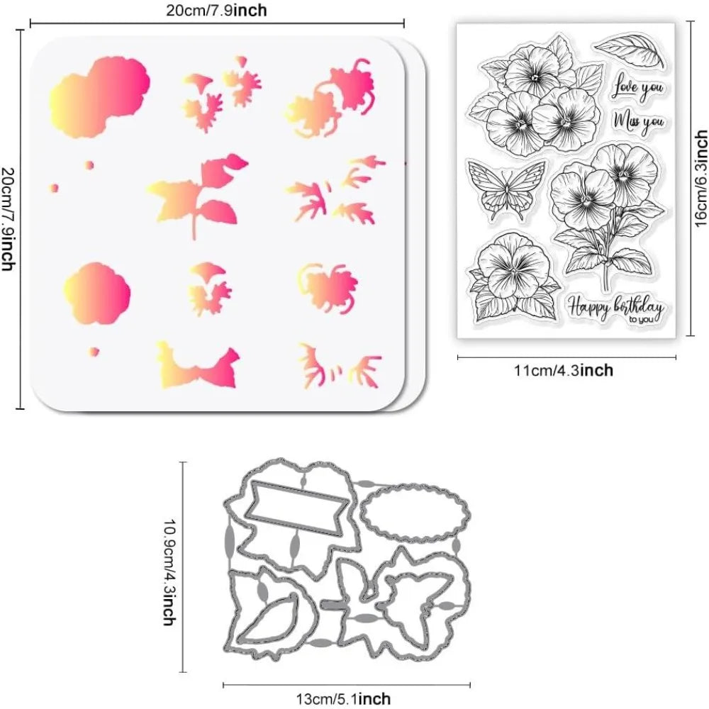Pansy & Butterfly Clear Stamps, Metal Die Cuts & Stencil Set Craft Stamps & Dies Axl