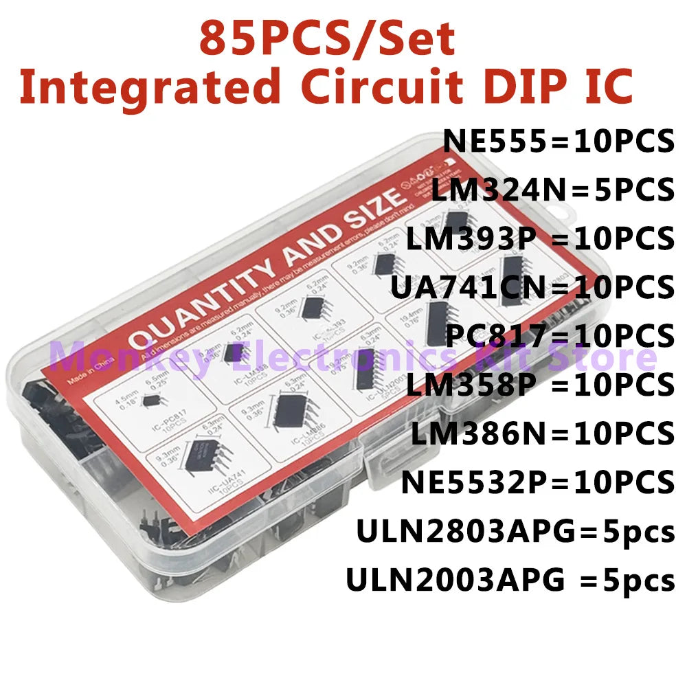 85-Piece IC Chip Kit – NE555 LM324 LM358 DIP Assortment DIY IC Component Kit Axl