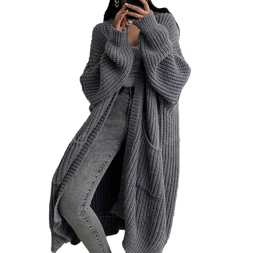 Women's Open Front Long Knit Cardigan Coat with Pockets Knit Cardigan Coat Axl Dark Gray M