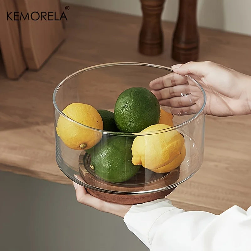 Glass Fruit Bowl with Wood Base – Large Salad & Snack Bowl Glass Serving Bowl Axl