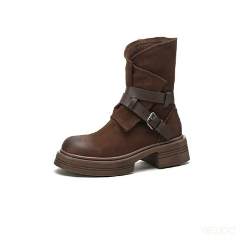 Women's Retro Ankle Boots – Thick Sole Square Heel Buckle Brown Women's Ankle Boots Axl
