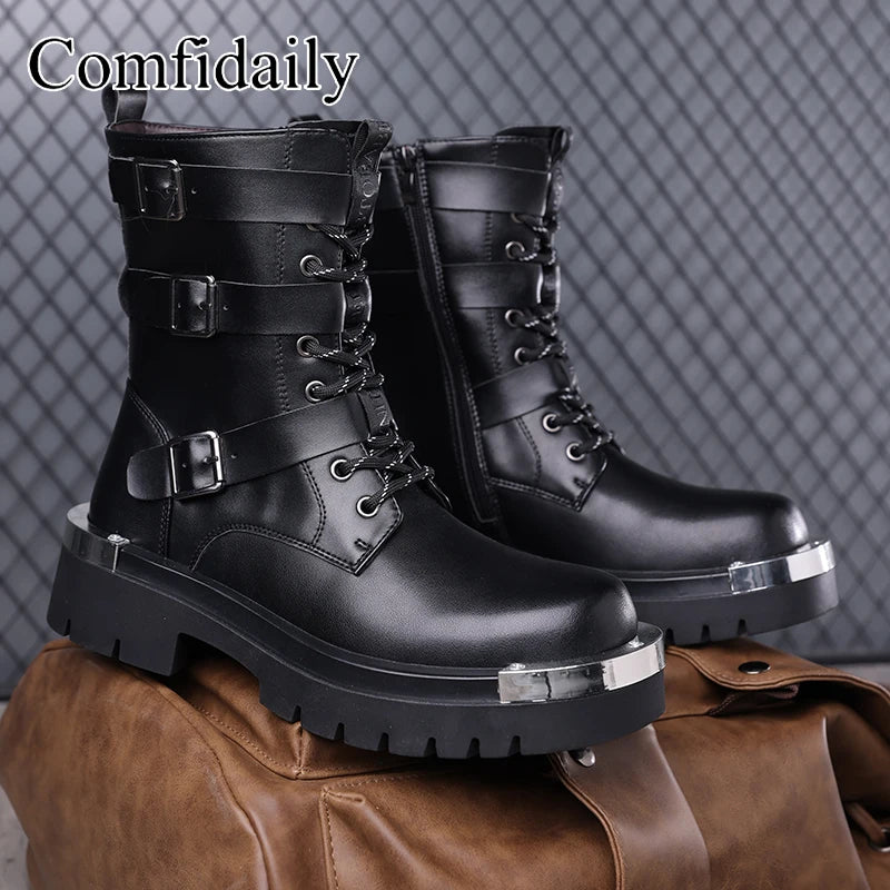 Men's Punk High Top Motorcycle Boots – Buckle & Side Zipper Motorcycle Boots Axl