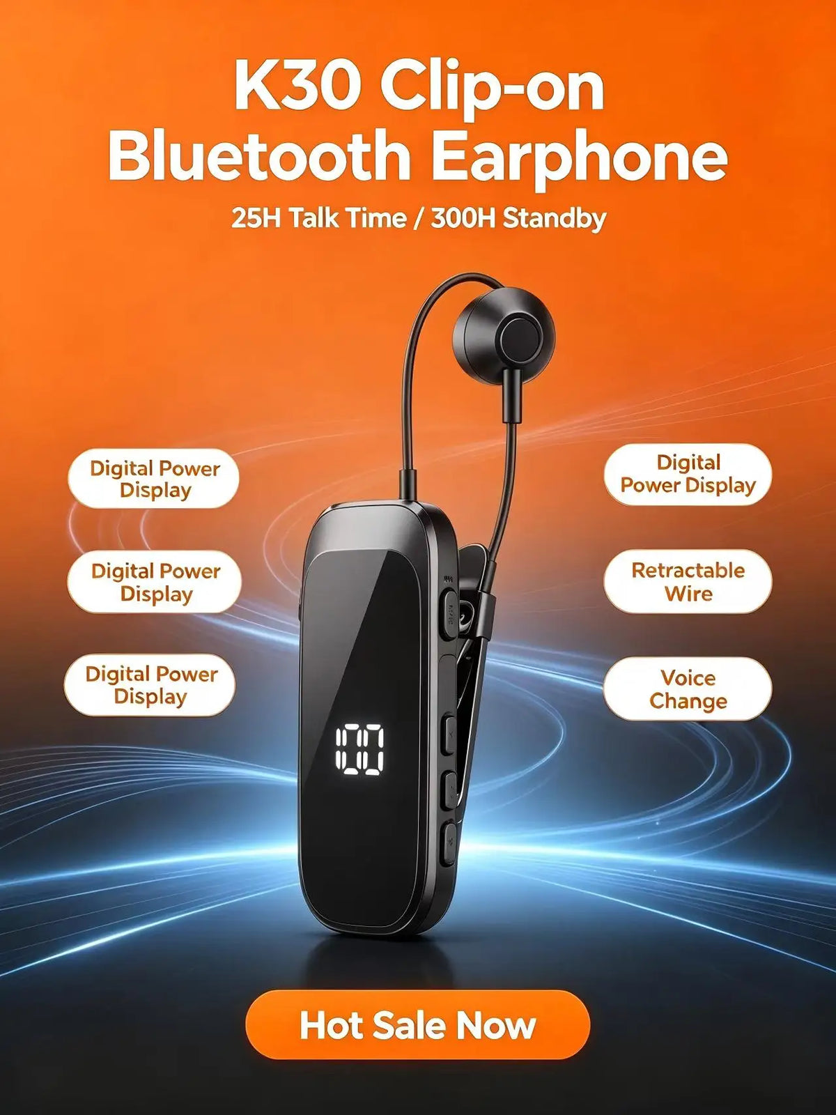 K30 Clip-On Bluetooth Headset | 25H Talk, Digital Display Bluetooth Headset Axl