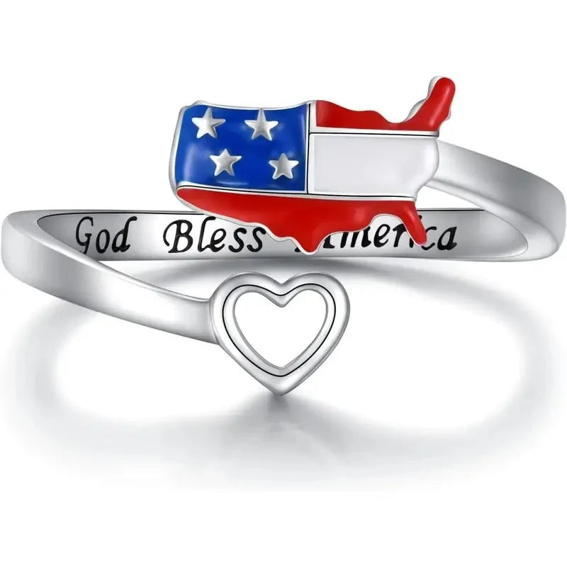 Huitan Heart American Flag Adjustable Ring – Patriotic Jewelry Fashion Ring Axl