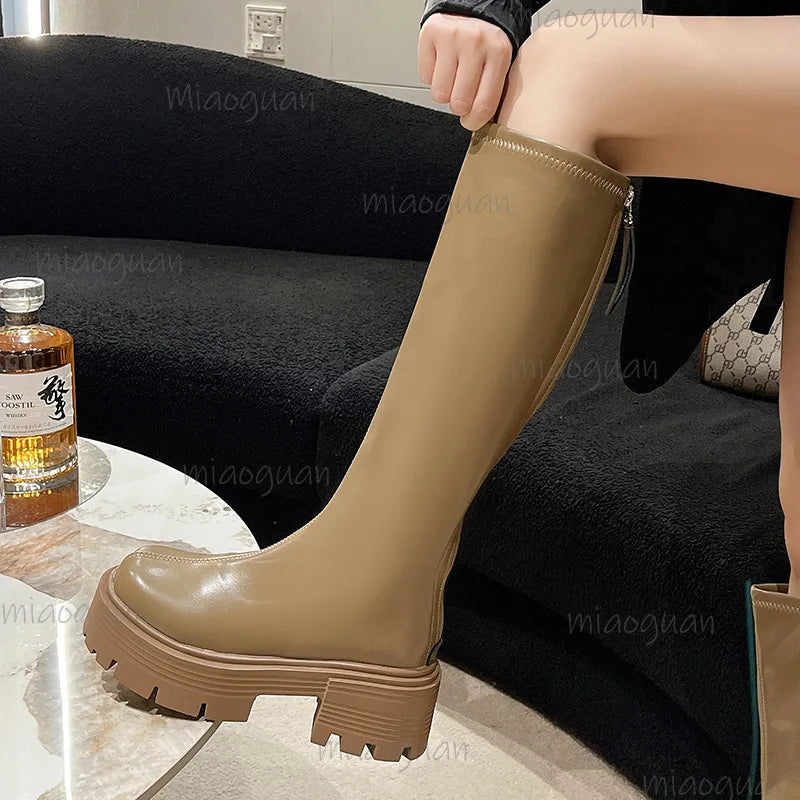 Women's Retro Knee High Boots – Thick Sole & Back Zipper Knee High Boots Axl Khaki 35