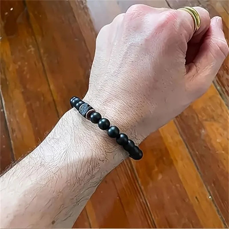 Men's 8mm Black Onyx & Lava Stone Beaded Bracelet Elastic Beaded Stone Bracelet Axl