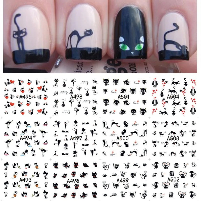 Black Cat Nail Art Stickers – 12 DIY Water Transfer Decals Nail Art Stickers Axl black cat
