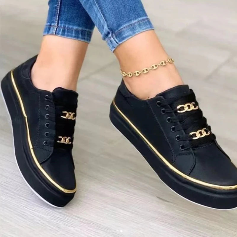 Women's Chain Platform Sneakers – Lace-Up Leather Walking Shoes Platform Sneakers Axl