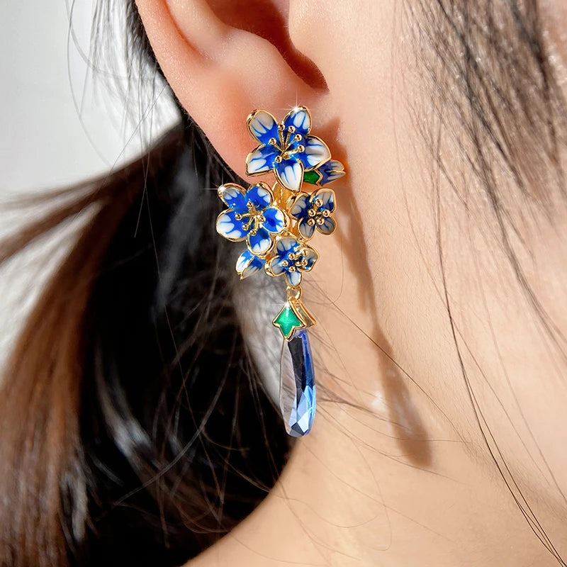 Huitan Blue Morning Glory Drop Earrings – Gold Floral Jewelry Drop Earrings Axl