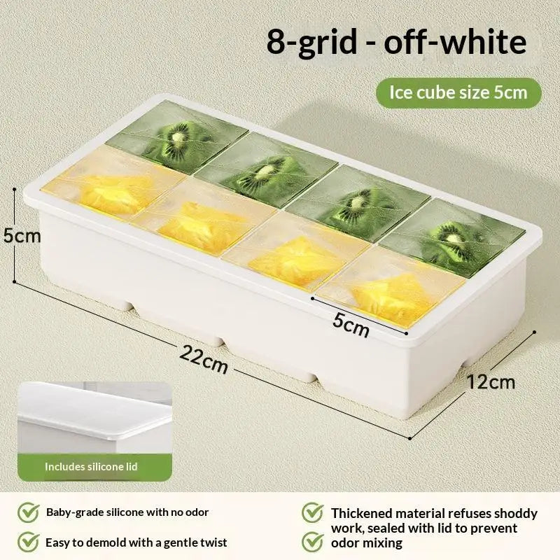 Large Silicone Ice Cube Tray with Leak-Proof Lid | Easy Release Silicone Ice Tray Axl 8 Grids White