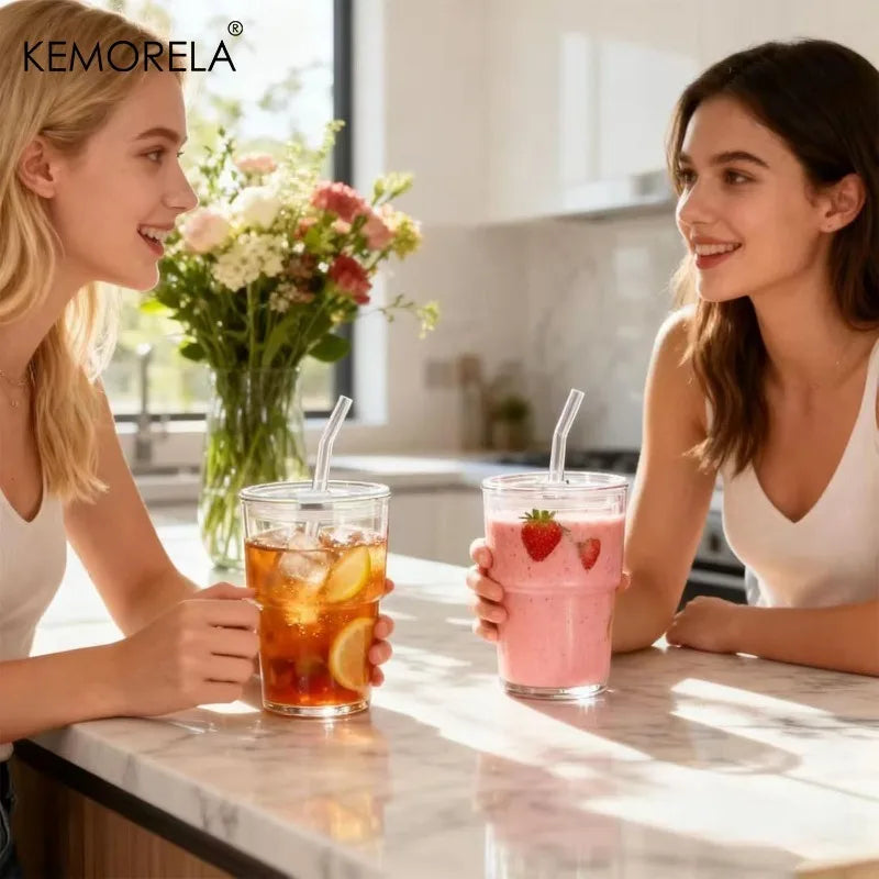 KEMORELA 420ml Glass Tumbler with Straw & Leak-Proof Lid Glass Tumbler Axl